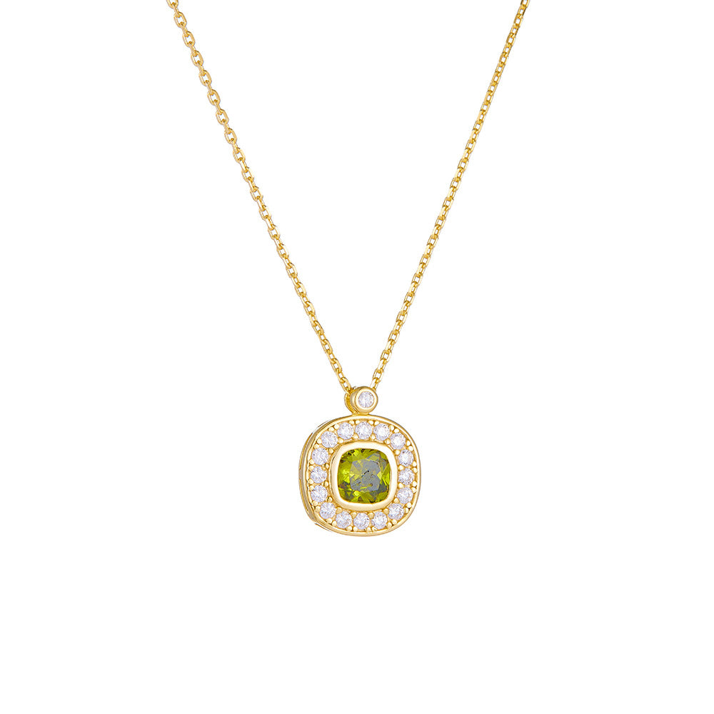 Elegant Geometric Design Green and White Cubic Zirconia 925 Silver Chain Pendant Necklace