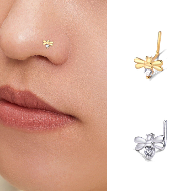 Cute Mini CZ Honey Bee 925 Sterling L Shape Nose Stud