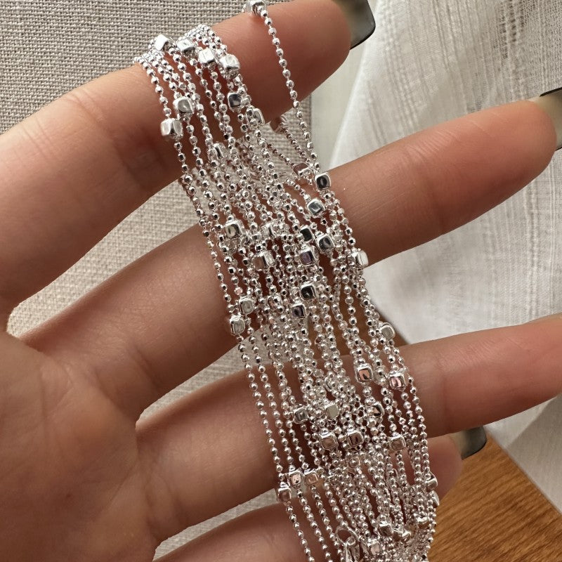 Minimalism Small Square Geometry 925 Sterling Silver Mini Beads Necklace