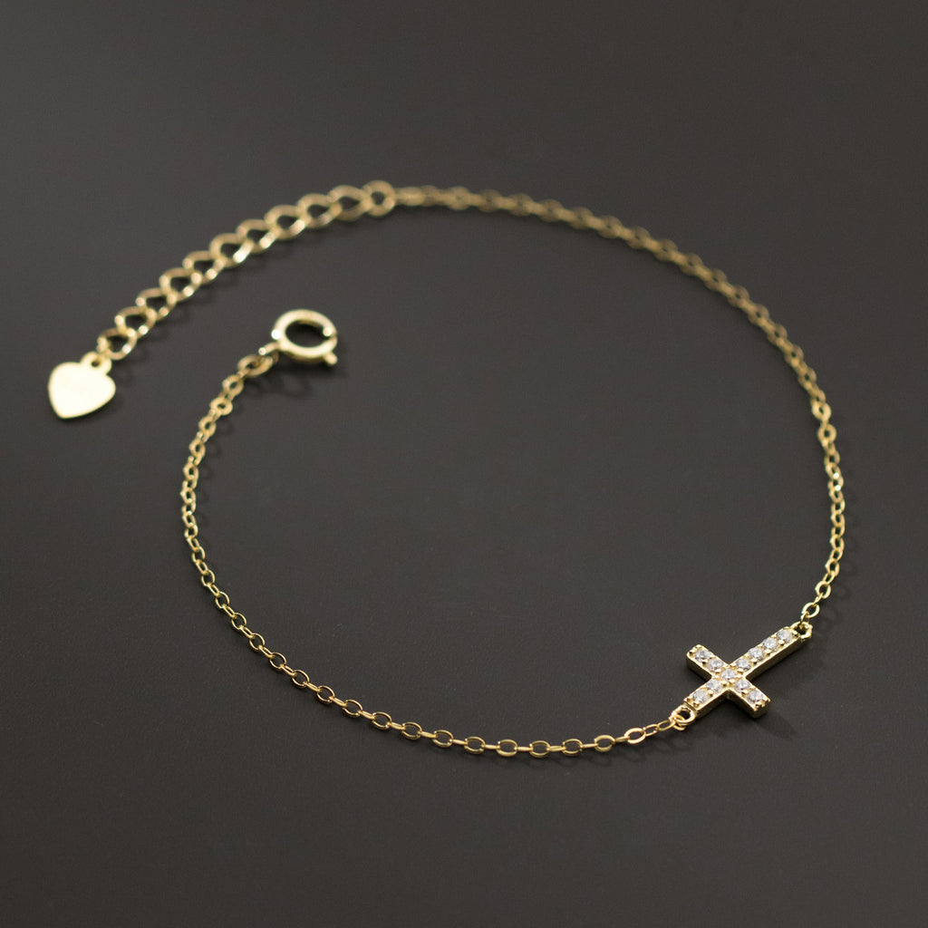 Gold Tone Cross Cubic Zirconia 925 Sterling Silver Religious Chain Bracelet
