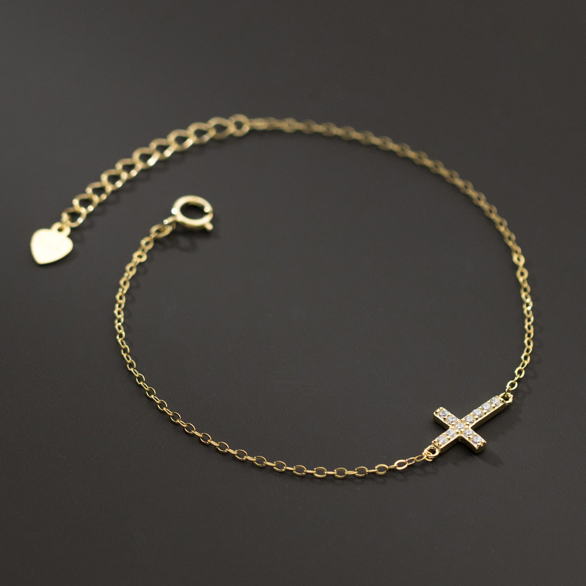 Gold Tone Cross Cubic Zirconia 925 Sterling Silver Religious Chain Bracelet