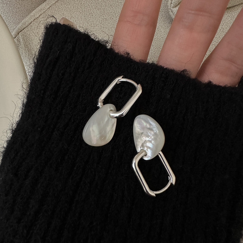 Women Irregular White Shell 925 Sterling Silver Leverback Dangling Earrings