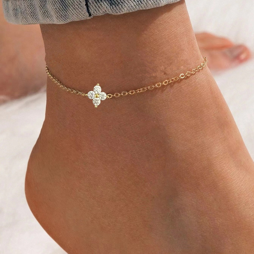 Girl Cute Mini Four Leaf Clover 925 Sterling Silver Anklet
