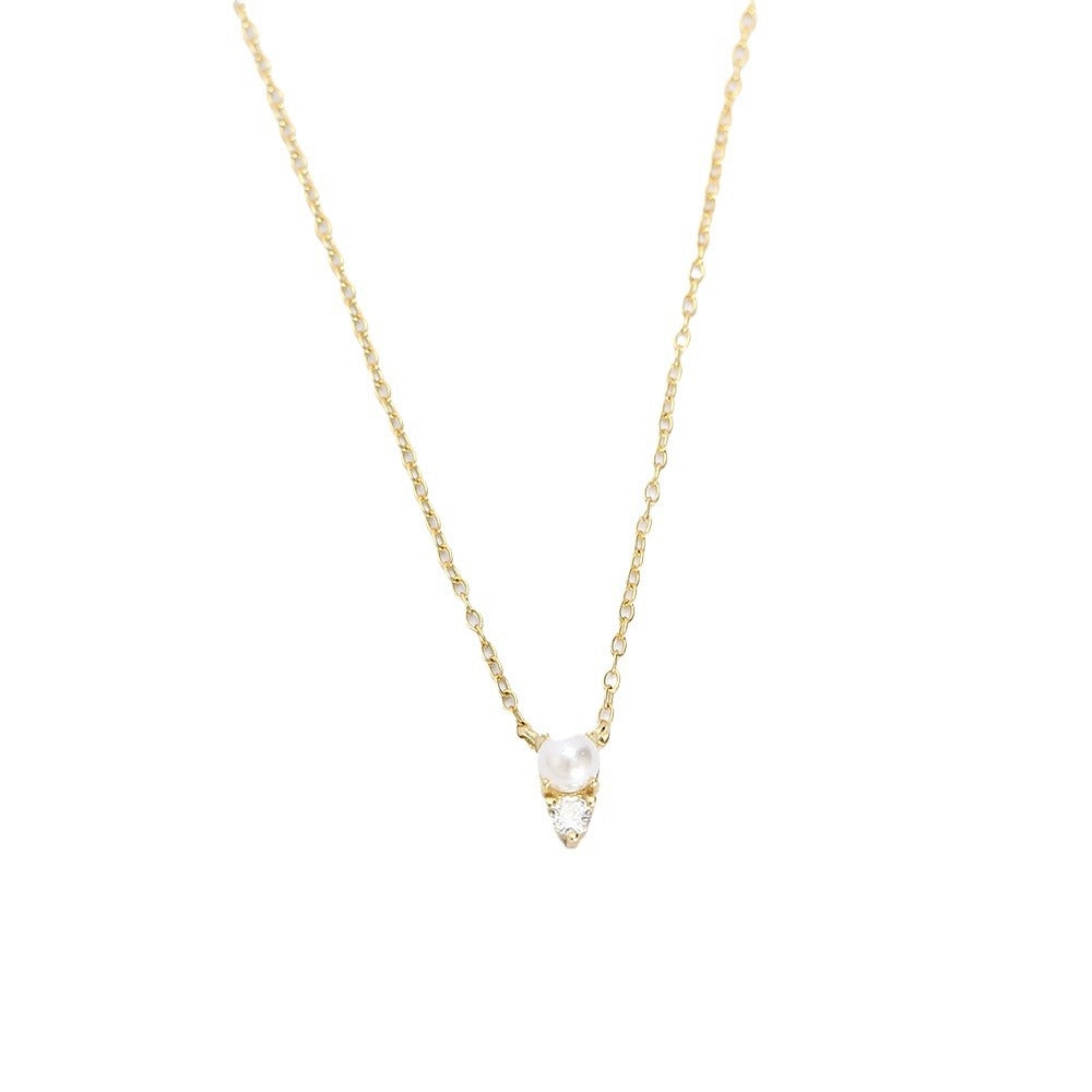 Mini Pearl And Clear Cubic Zirconia Pendant Necklace 925 Sterling Silver Delicate Clavicle Chain Adjustable Necklace For Women Minimalist Elegant Fashion Daily Wear Anniversary Gift Jewelry