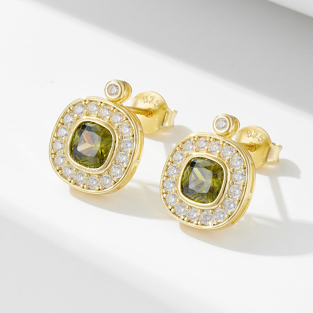 Elegant Geometric Oval Design  925 Sterling Silver Olive Green Cubic Zirconia Stud Earrings