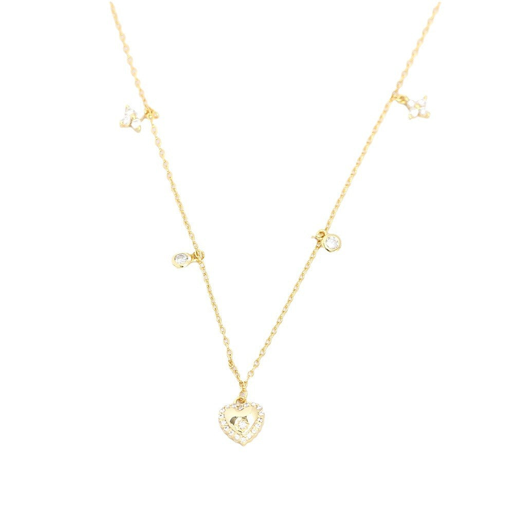 Cubic Zirconia Heart Pendant Multi Charm Chain Necklace In 925 Sterling Silver  French Collarbone Style Elegant Fashion Jewelry For Women