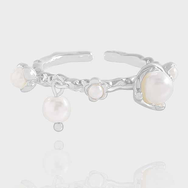 Women Beautiful Shell Pearl Flowers 925 Sterling Silver Adjustable Ring