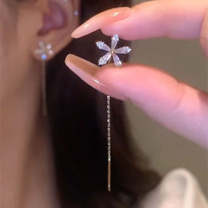 Beautiful CZ Flowers Women 925 Sterling Silver Dangling Tassels Earrings