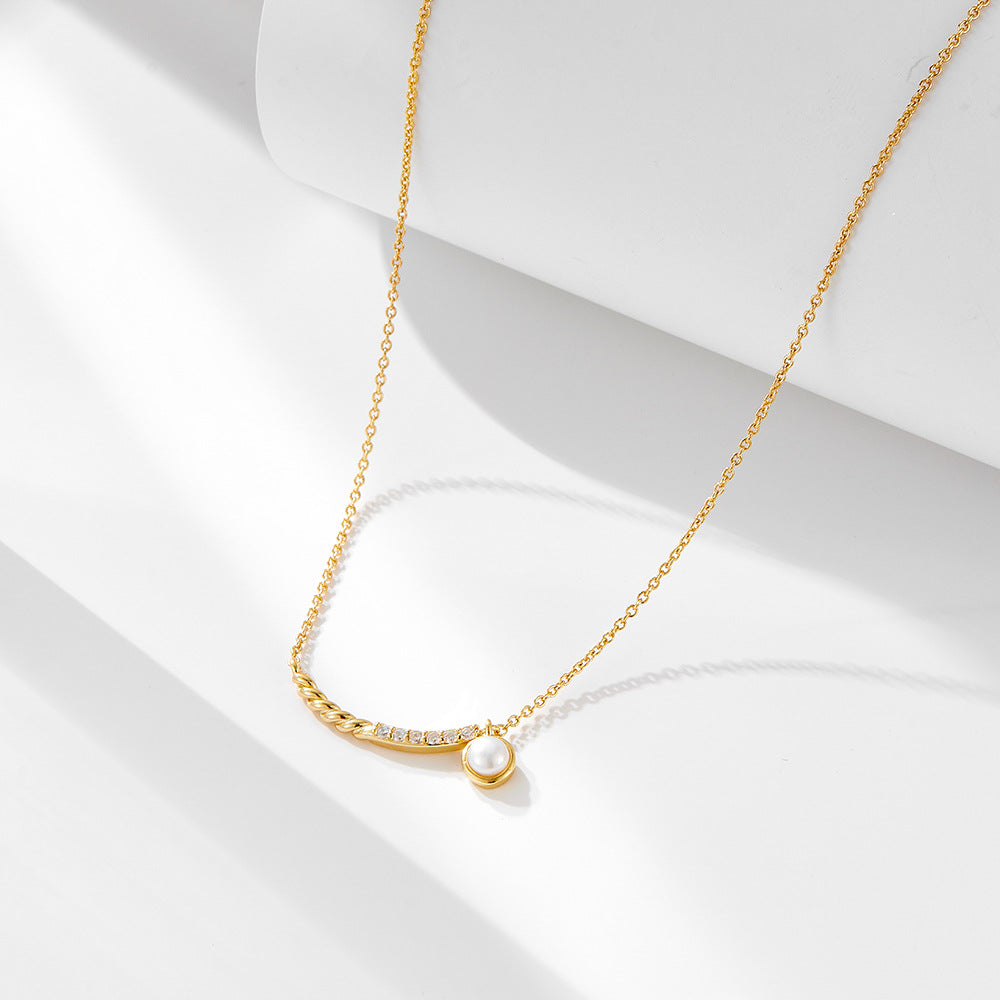 Women Fashion Natural Round Pearl Twisted Chain CZ Smile 925 Sterling Silver Necklace