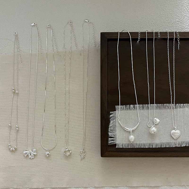 Girl Simple Bow-knot Heart Key Shell Pearls 925 Sterling Silver Necklace
