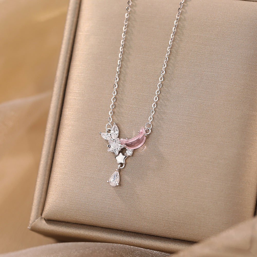 Women Pink CZ Cresceny Shining Star 925 Sterling Silver Necklace
