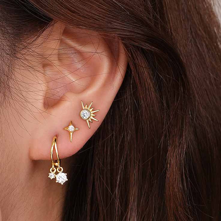 Simple White CZ Crescent Moon Star Sunshine 925 Sterling Silver Stud Fangling Earrings