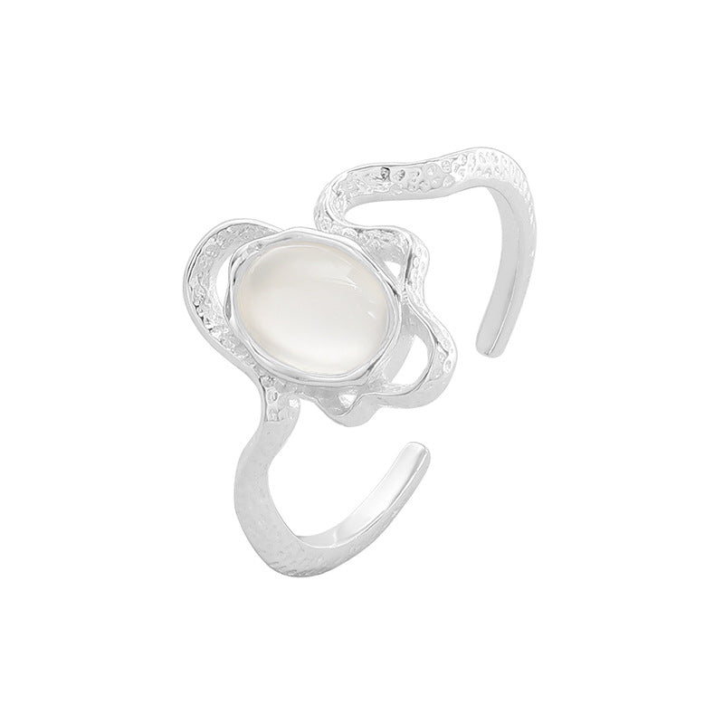 Geometric Design White Agate Stone S925 Sterling Silver Open Adjustable Ring