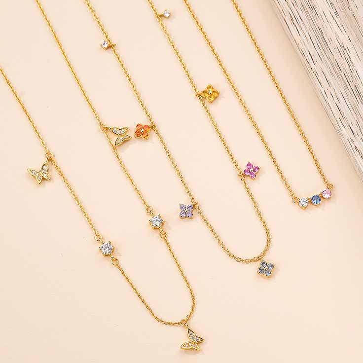 Wedding Colorful CZ Four Leaf Clover Flying Butterfly 925 Sterling Silver Necklace Bracelet