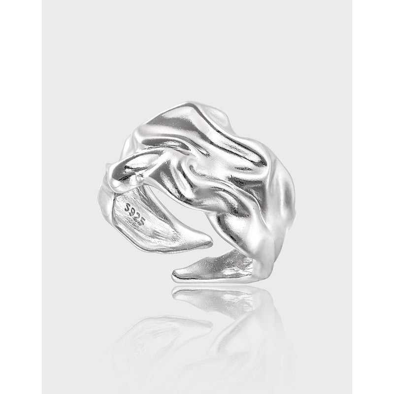 Pure Metal Irregular Wrinkled Textured Wide Band Open Adjustable Ring