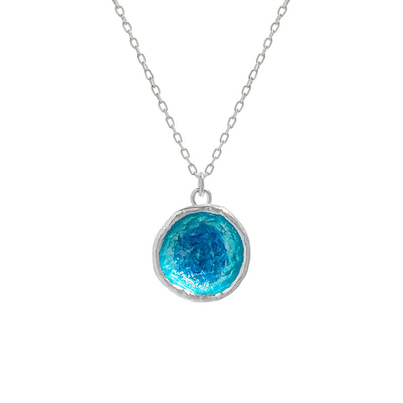 Ocean Series Blue Enamel Irregular Round 925 Sterling Silver Pendant Necklace