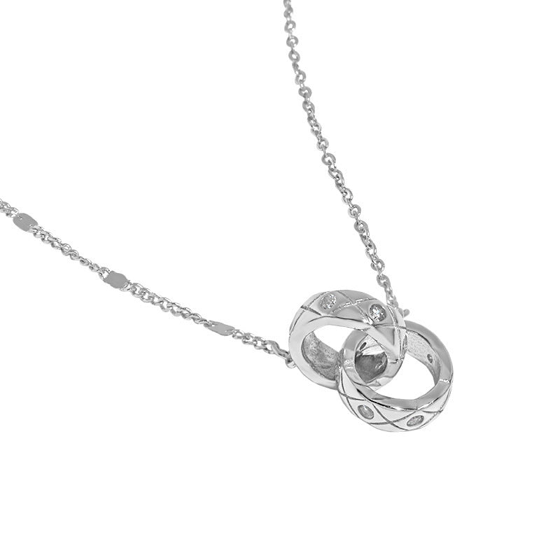Geometric Double Interlocking Ring Cubic Zirconia S925 Sterling Silver Necklace