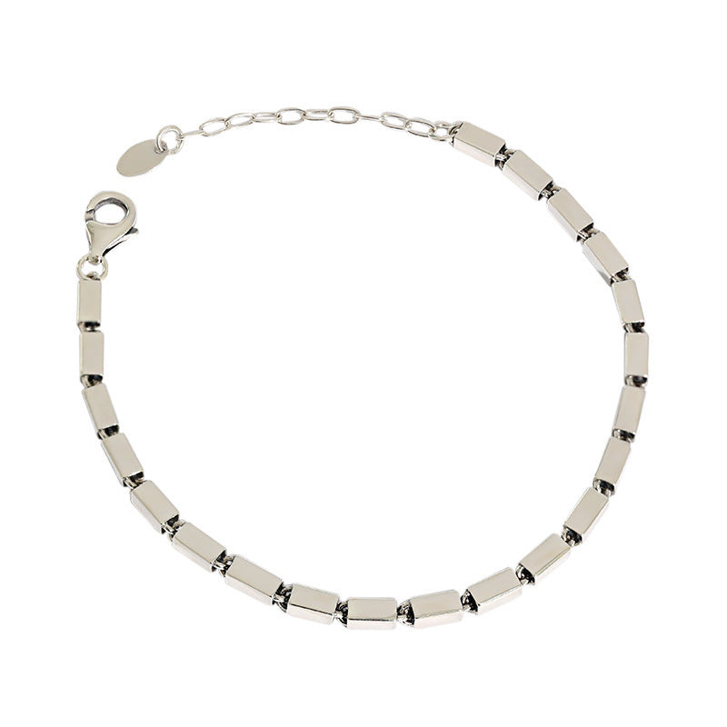 Vintage Silver Geometric Block Link Chain S925 Sterling Silver Adjustable Bracelet