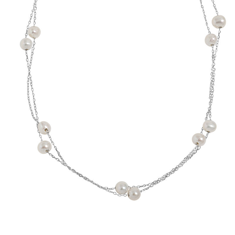 Double Layer Freshwater Pearl S925 Sterling Silver Geometric Chain Necklace