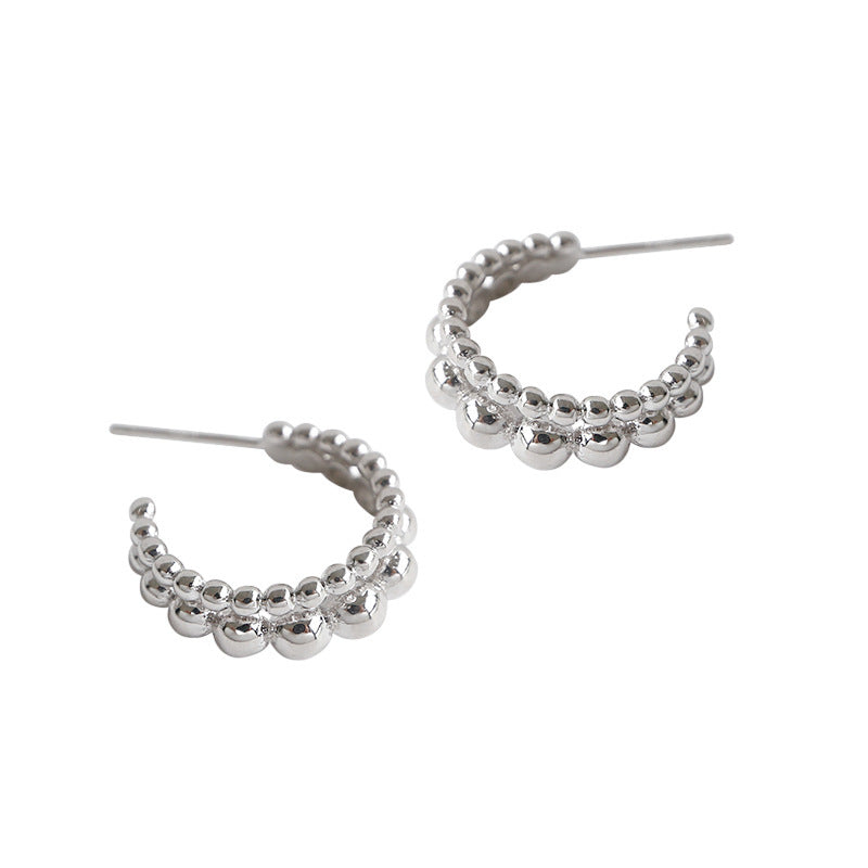 Elegant Double Row Beaded  18K Gold Plating 925 Sterling Silver Hoop Earrings