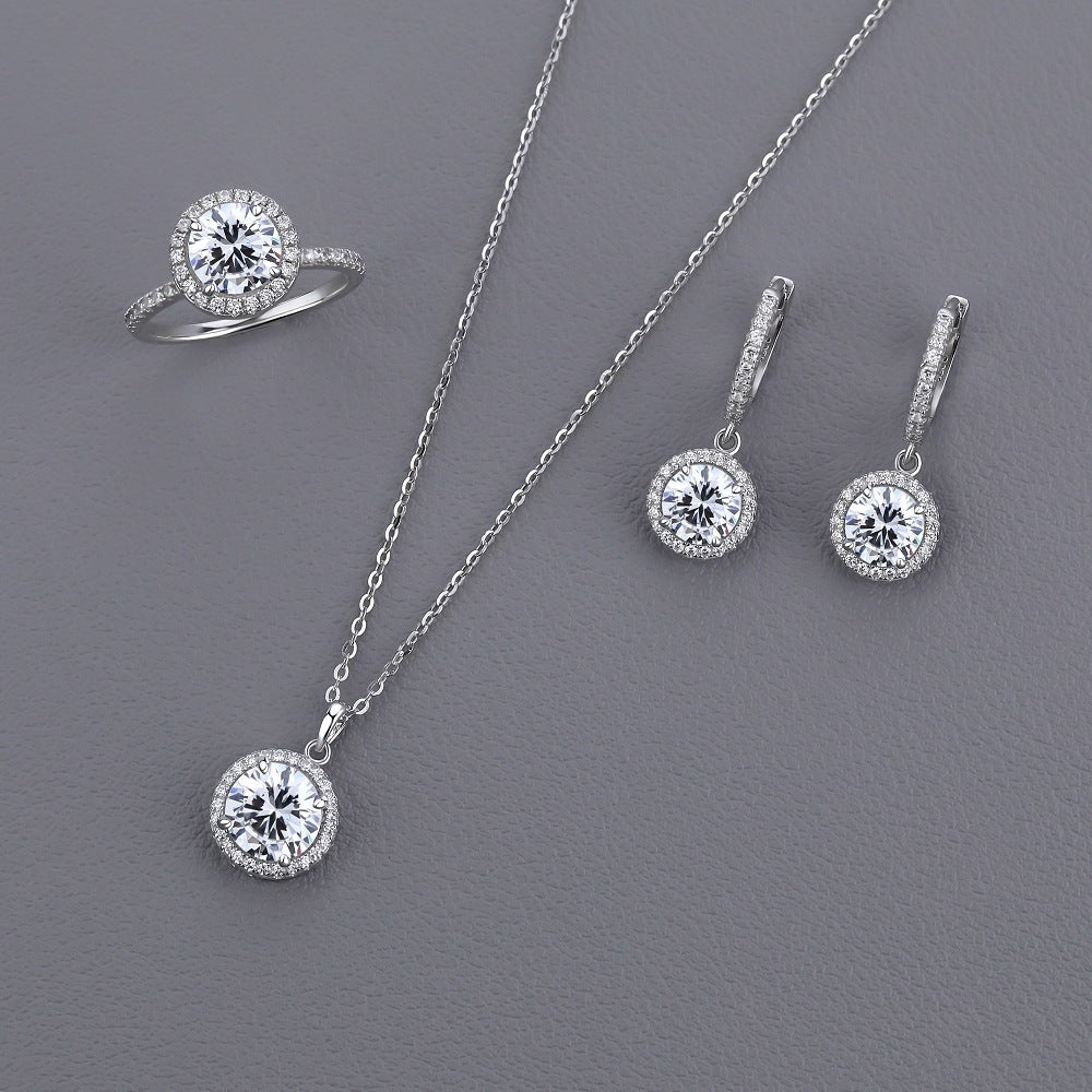 Women Elegant Shining Round CZ 925 Sterling Silver Adjustable Ring Earrings Necklace