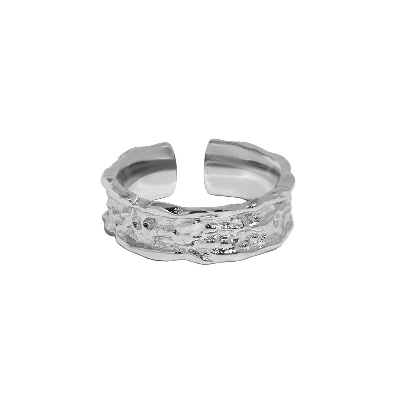 Pure Metal Irregular Hammered Textured Silver Color S925 Sterling Silver Open Adjustable Wide Band Ring