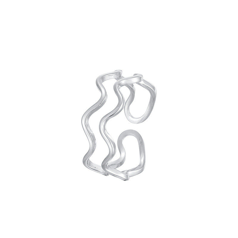 Double Layer Wave Design Women Fashion Geometric Minimalist Open Band Adjustable 925 Sterling Silver Ring