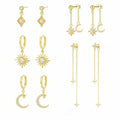 Beautiful Gold CZ Crescent Moon Sunshine Star 925 Sterling Silver Dangling Earrings