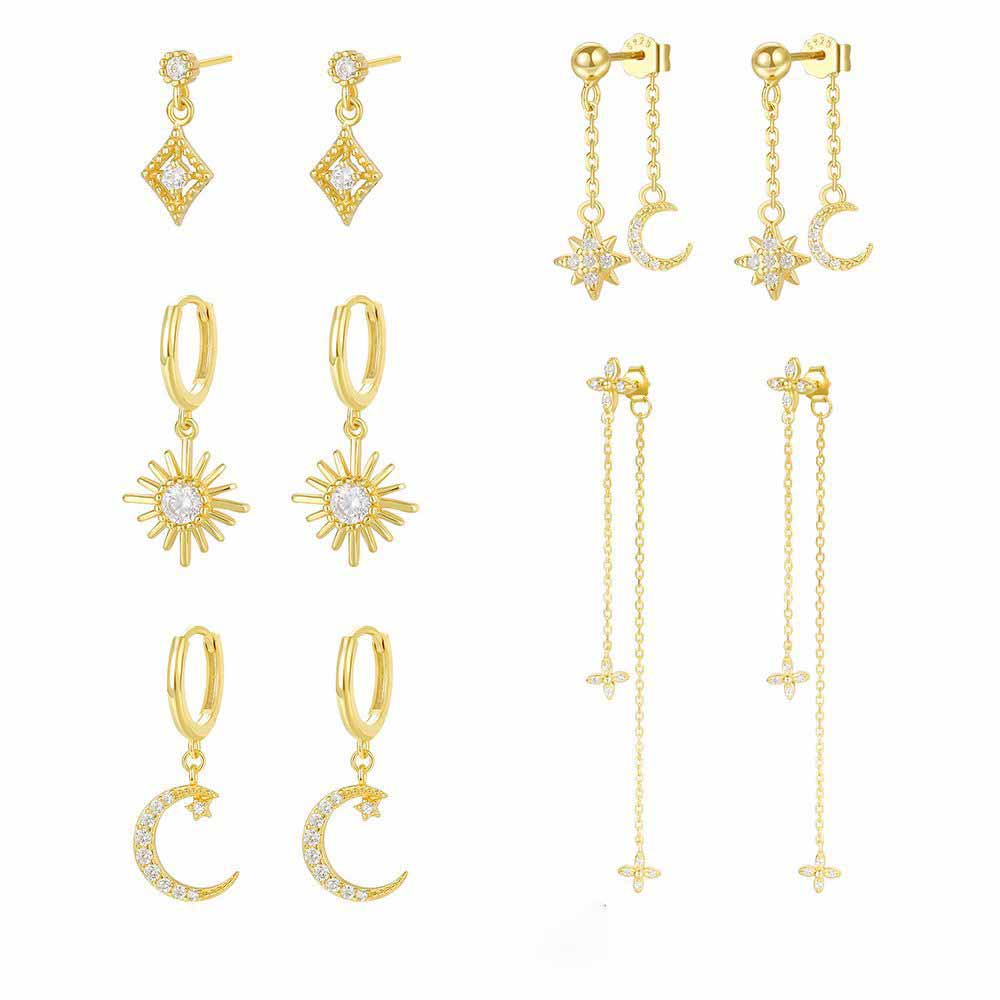 Beautiful Gold CZ Crescent Moon Sunshine Star 925 Sterling Silver Dangling Earrings