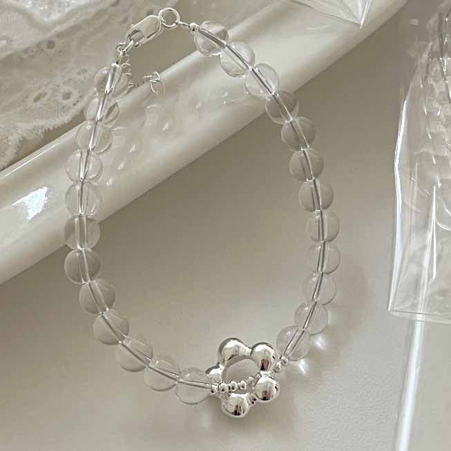 Elegant Natural Transparent White Crystal Flower 925 Sterling Silver Bracelet