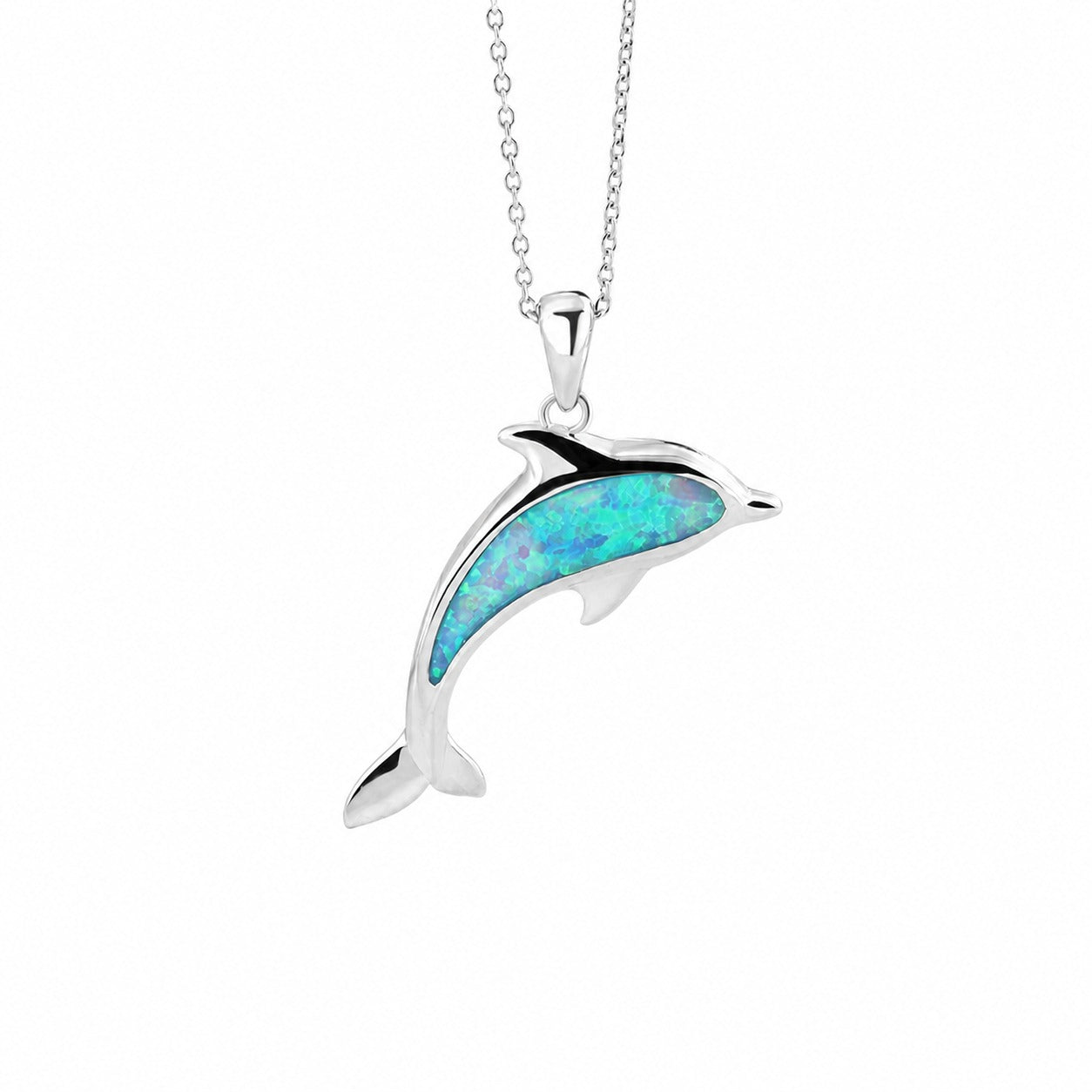 Blue Opal Dolphin Pendant on a 925 Sterling Silver Necklace