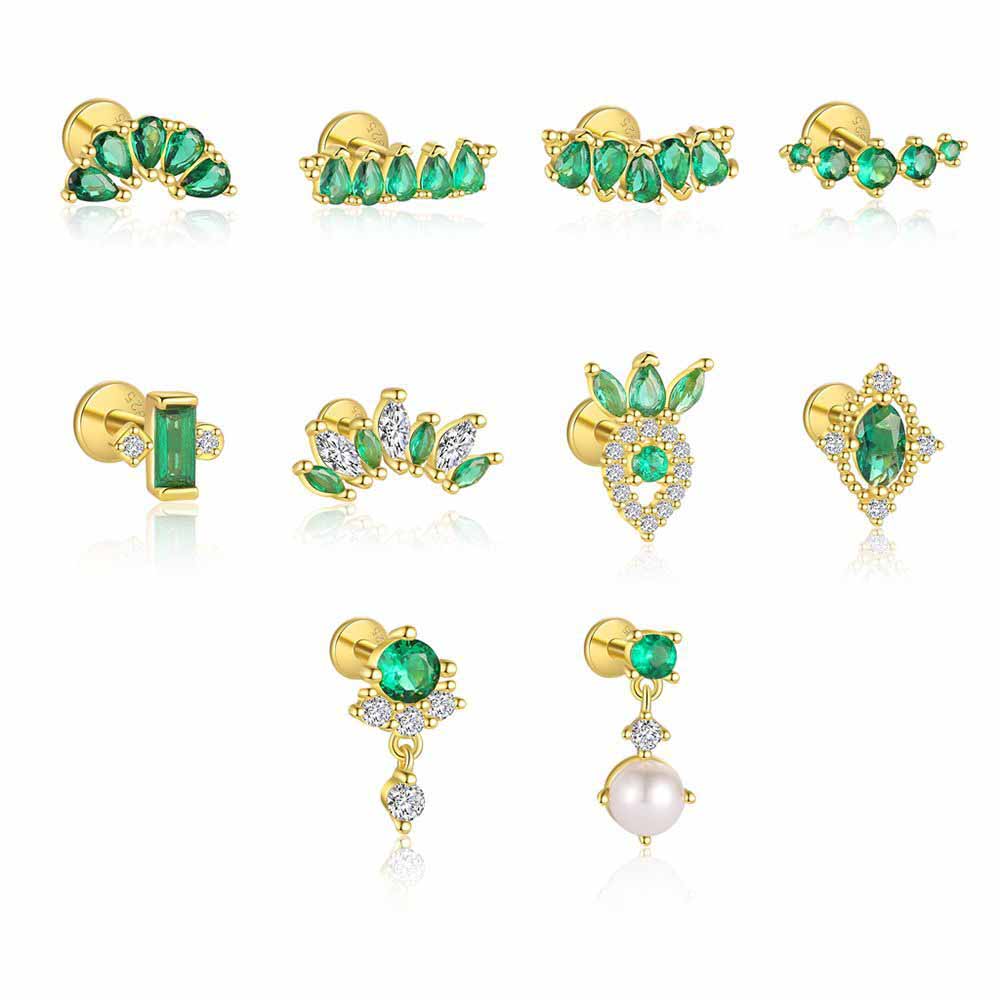 Elegant Geometry Green CZ Crown Waterdrop 925 Sterling Silver Stud Earrings