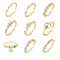 Modern Colorful CZ Crown Crescent Moon Star 925 Sterling Silver Adjustable Ring