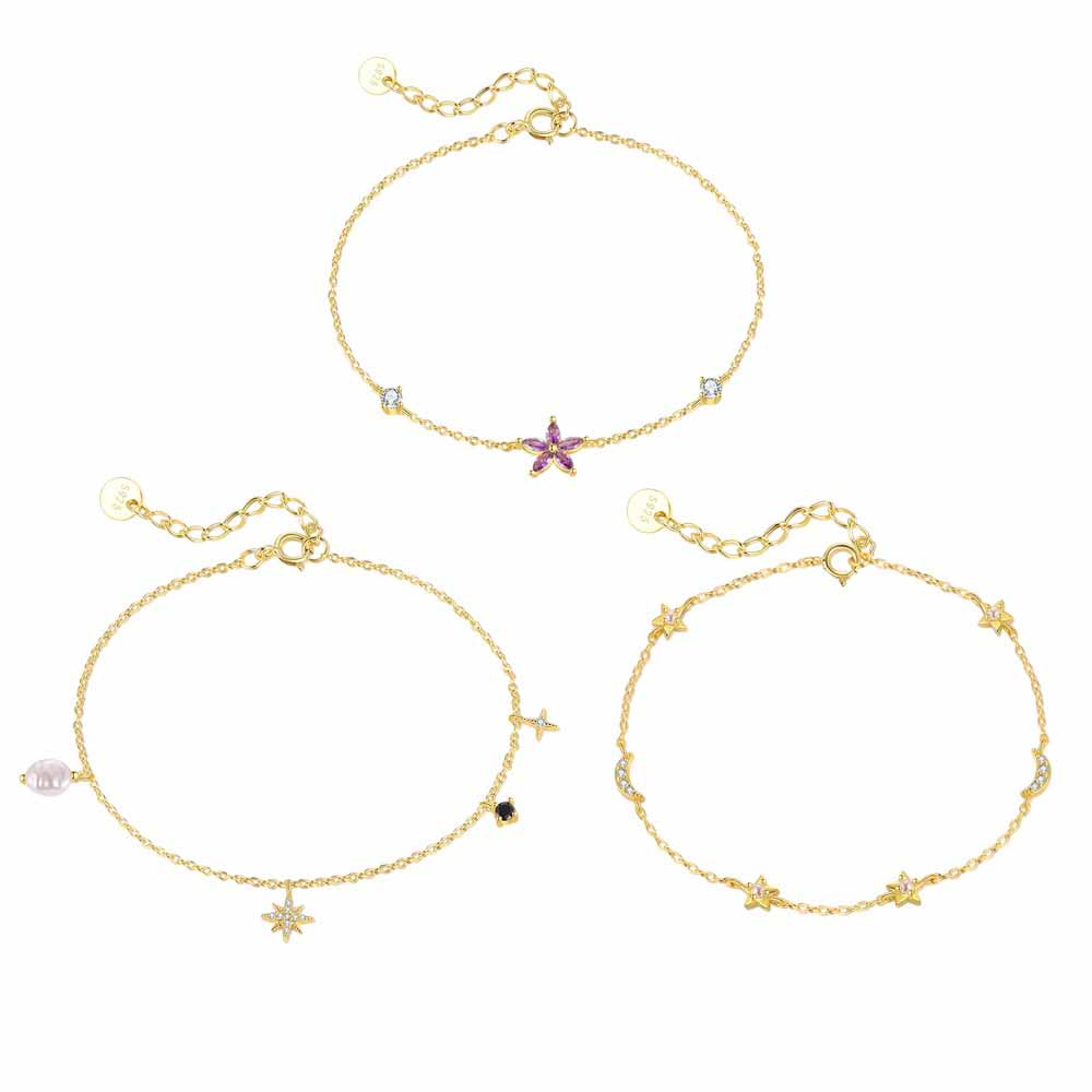 Girl Colorful CZ Star Moon Flower 925 Sterling Silver Bracelet