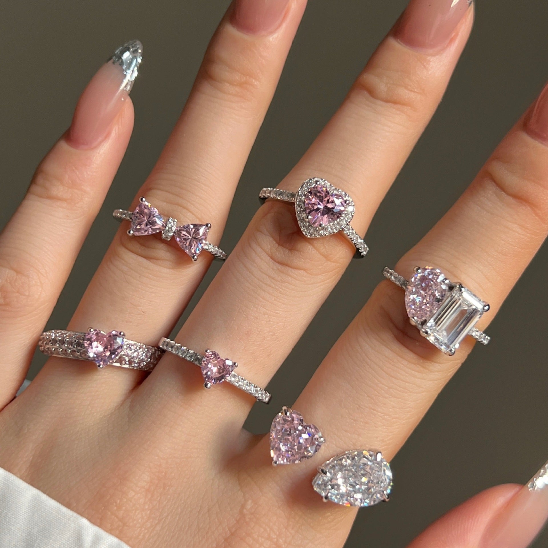 Wedding Pink 8A Cubic Zirconia Heart Bow-Knot 925 Sterling Silver Adjustable Ring