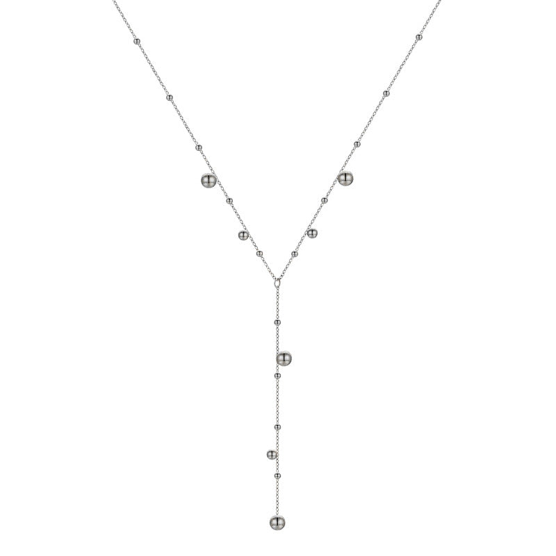 Pure Metal Geometric Tassel Bead Drop Y Necklace  925 Sterling Silver Long Flowing Chain Necklace