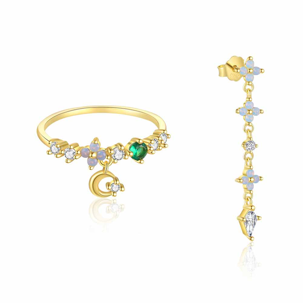 Beautiful CZ Flower Crescent Moon 925 Sterling Silver Dangling Earring Adjustable Ring