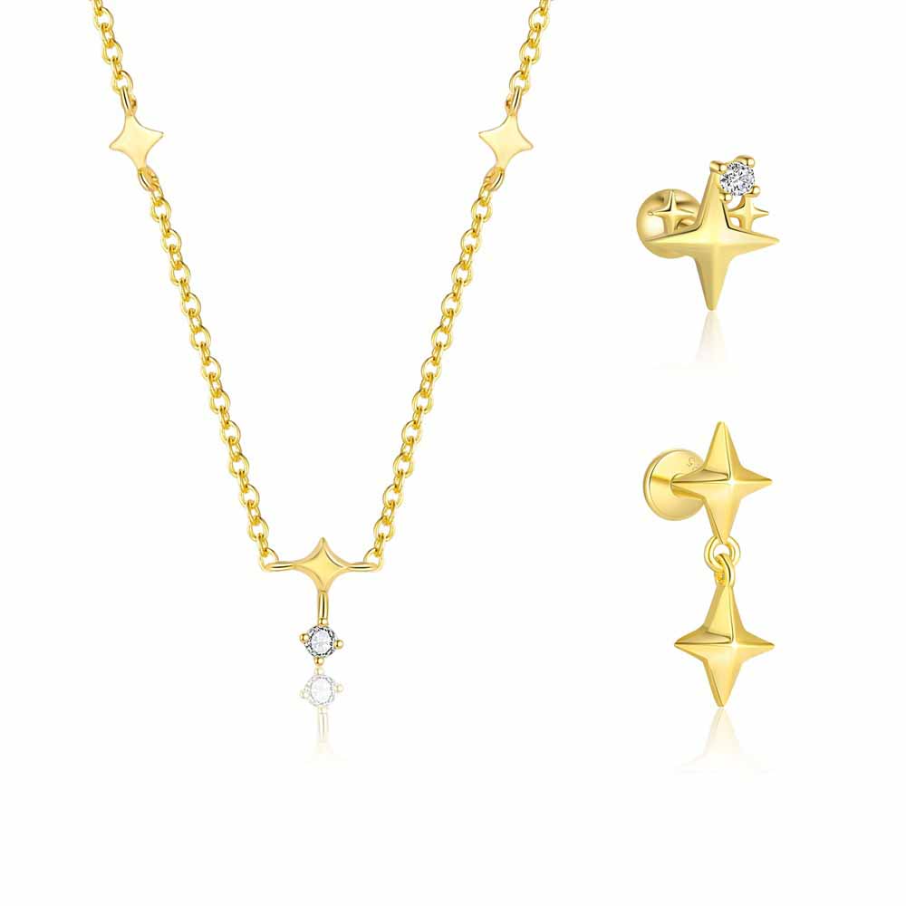 Women Casual Four Pointed Star 925 Sterling Silver Necklace Earring (Single)