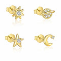 Cute Gold CZ Planet Star Sun Crescent Moon 925 Sterling Silver Stud Earring (Single)