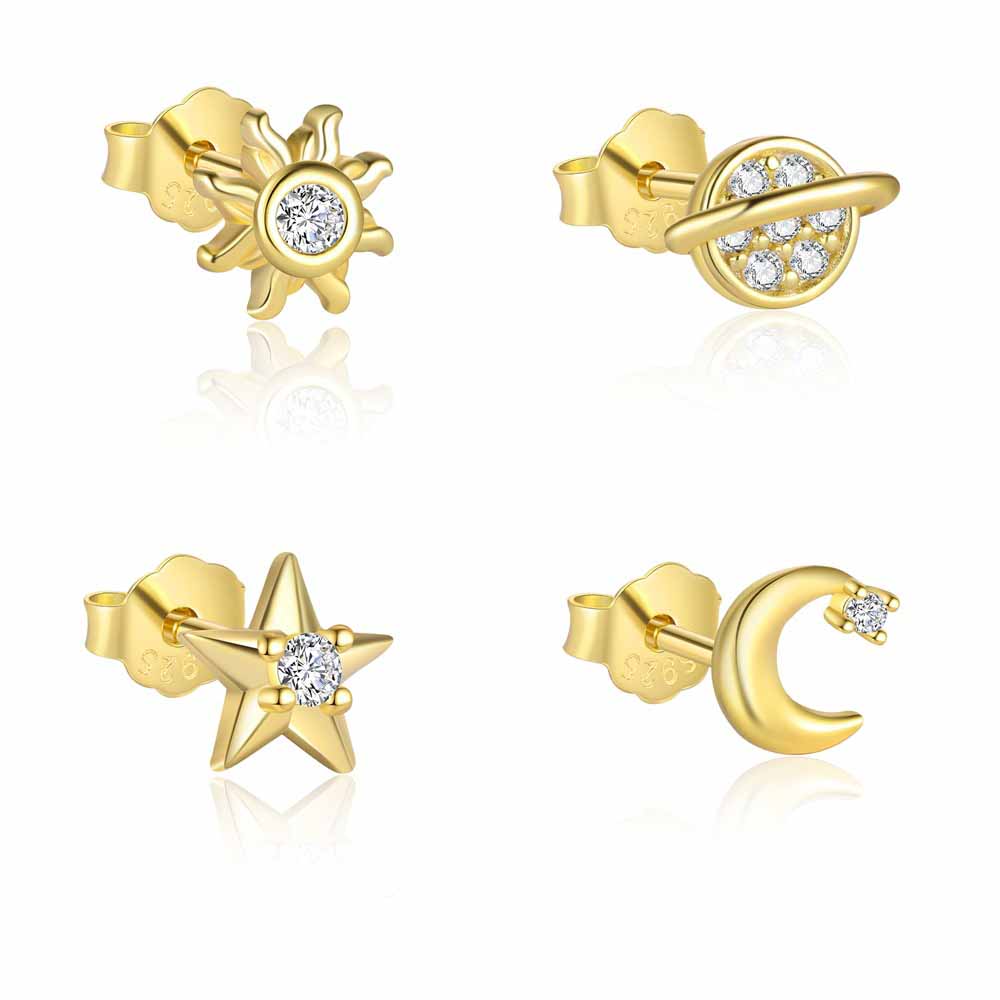 Cute Gold CZ Planet Star Sun Crescent Moon 925 Sterling Silver Stud Earring (Single)