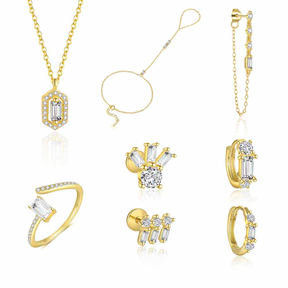 Elegant Shining Baguette Gold 925 Sterling Silver Dangling Earrings Necklace Bracelet Adjustable Ring