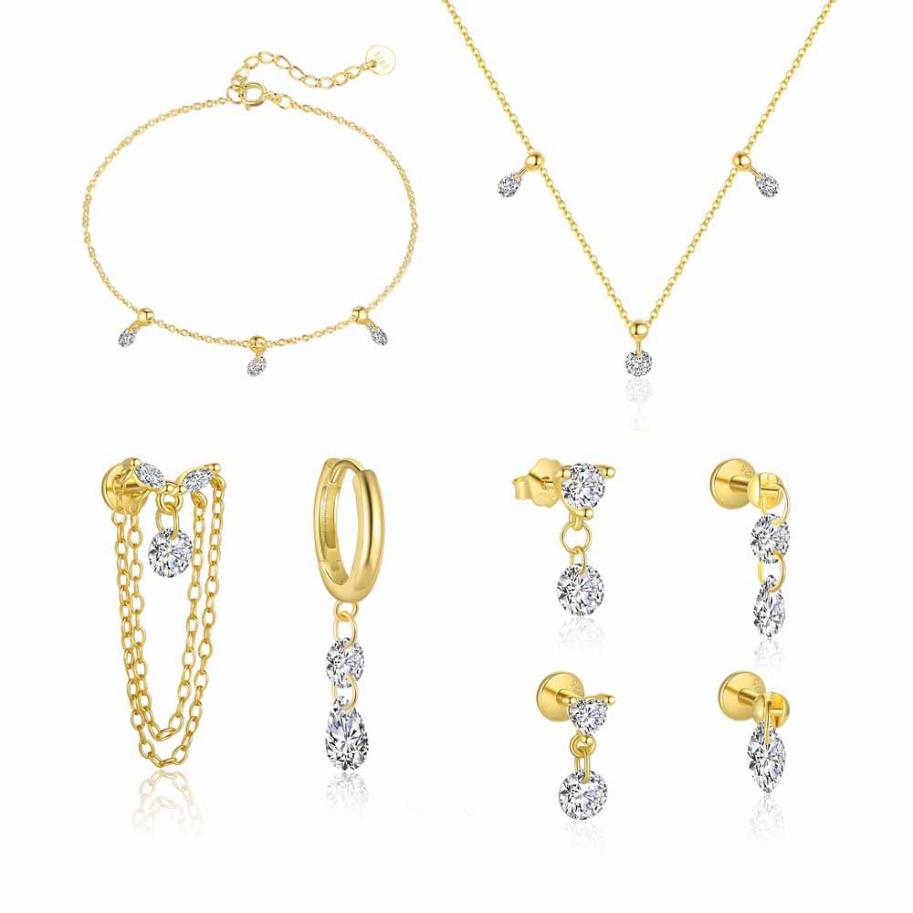 Fashion Golden CZ Geometry 925 Sterling Silver Dangling Earrings Necklace Bracelet