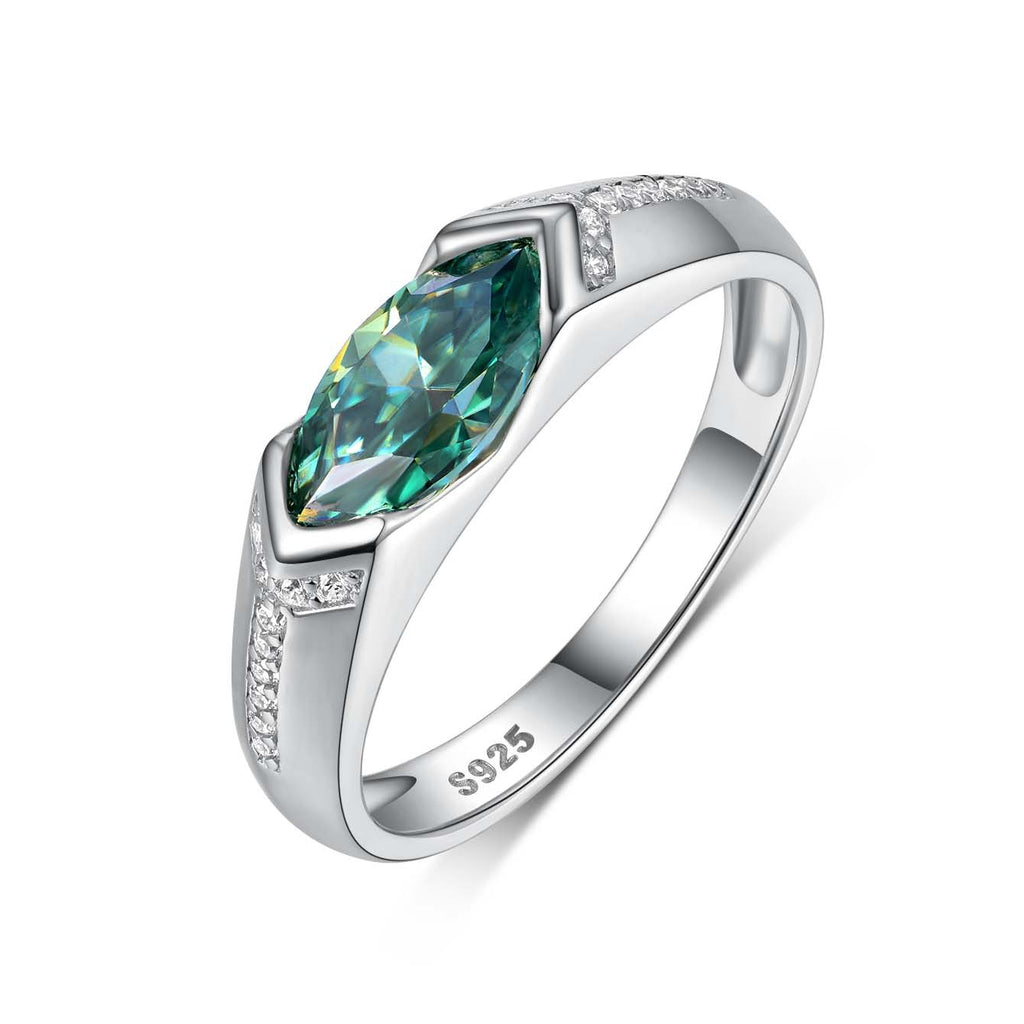 Green Marquise Cut Moissanite Geometric Oval Shaped 925 Sterling Silver Ring