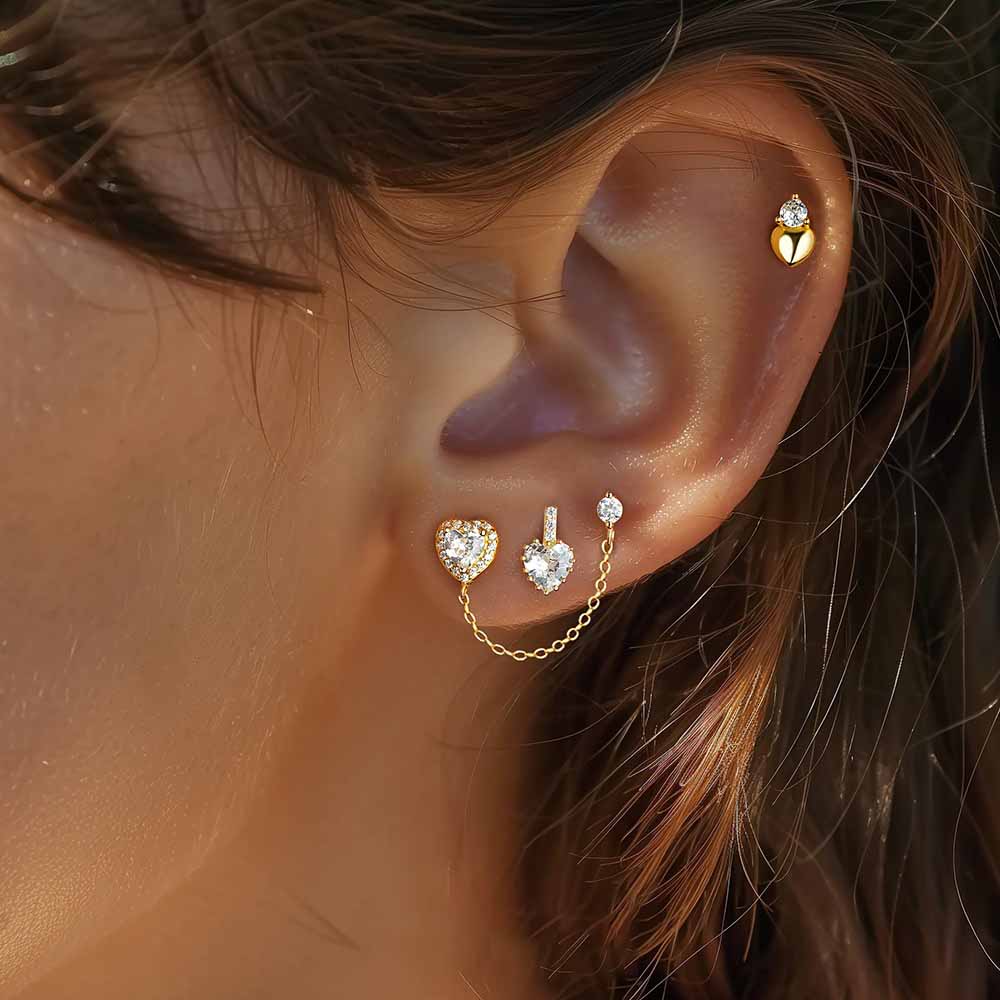 Anniversary Golden CZ Heart 925 Sterling Silver Stud Earrings