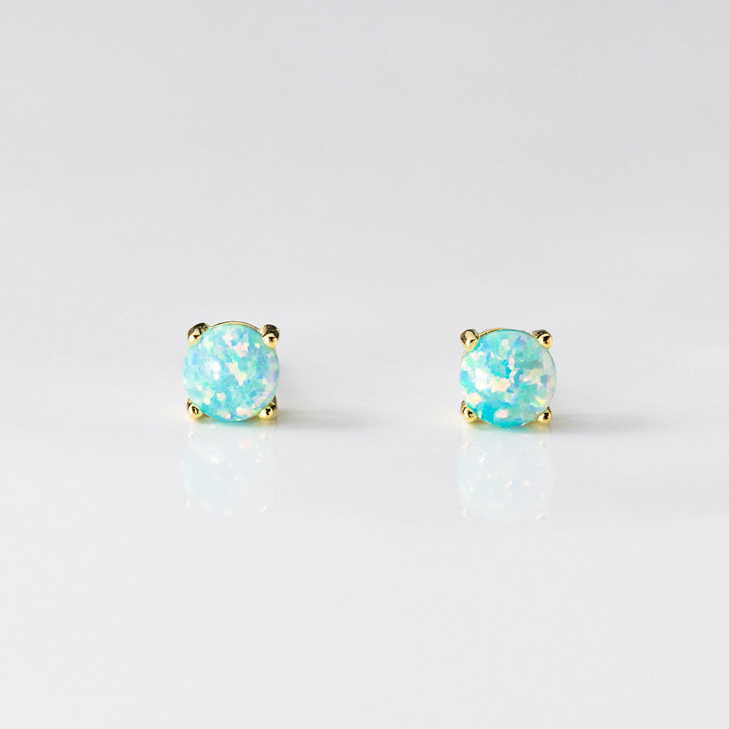 Geometric Four Prong Minimalist Delicate Round Blue White Green Opal S925 Sterling Silver Stud Earrings
