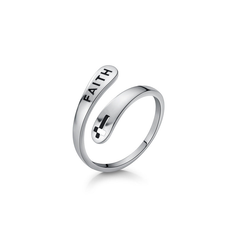 Vintage Faith Letter Cross S925 Sterling Silver Antique Oxide Geometric  Open Adjustable Ring