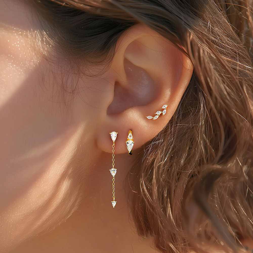 Fashion Golden CZ Tree Branch 925 Sterling Silver Stud Hoop Dangling Earrings Set