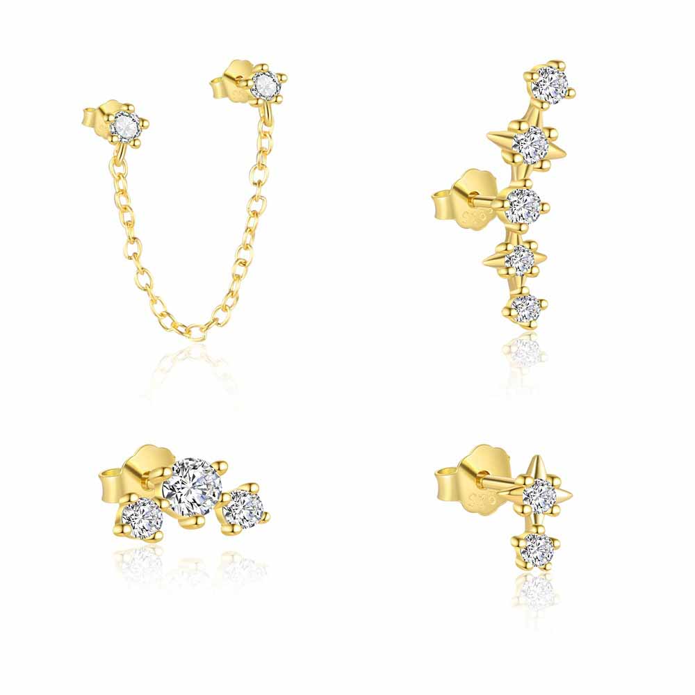 Party Golden Shining CZ Star 925 Sterling Silver Stud Earrings