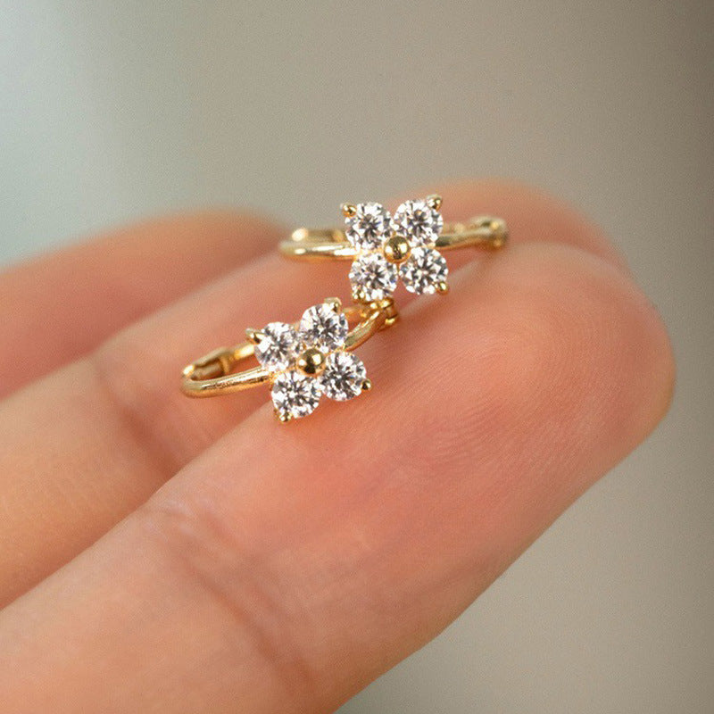 Office Simple CZ Four Leaf Clovers 925 Sterling Silver Hoop Earrings