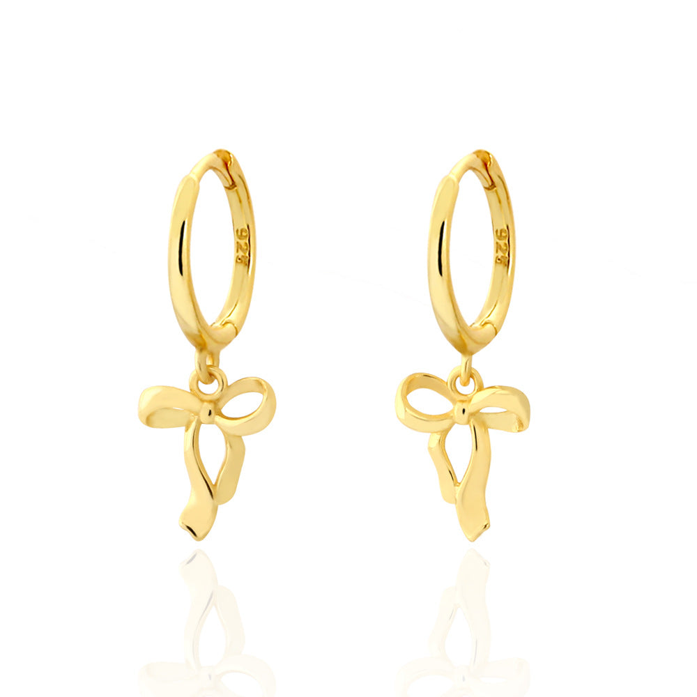 Bow Knot Ribbon 925 Sterling Silver Sweet Fresh Delicate Hoop Drop Dangle Earrings